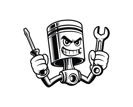 Cartoon piston character holding tools engine mechanical.