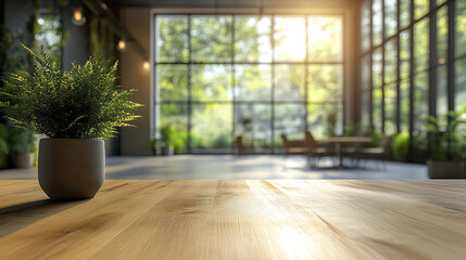 Fototapeta premium Wooden table with potted plant in modern bright room with large windows and natural sunlight creating warm inviting atmosphere for work or relaxation