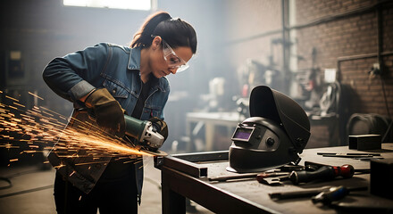 Woman wearing protective gear uses a grinder, creating sparks, in a workshop setting with tools and equipment visible.