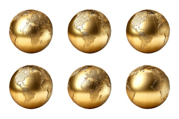 Six golden globes of Earth with continents and oceans on black background world planet, Png, Isolated on Transparent Background, Cut Out