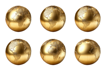 Six golden globes of Earth with continents and oceans on black background world planet, Png, Isolated on Transparent Background, Cut Out