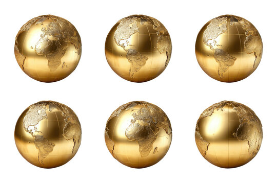 Six golden globes of Earth with continents and oceans on black background world planet, Png, Isolated on Transparent Background, Cut Out - Powered by Adobe