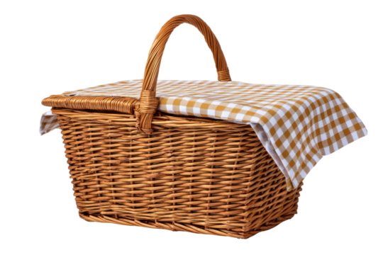 Wicker picnic basket with yellow and white checkered cloth lid on black food container, Png, Isolated on Transparent Background, Cut Out