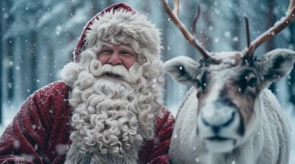 Santa claus with a reindeer in a snowy forest with snowflakes falling during the christmas holiday season - Powered by Adobe