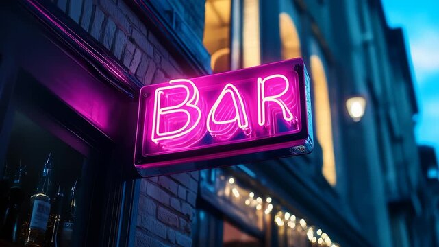 Vibrant neon bar sign illuminating the night scene, promising a lively evening experience for