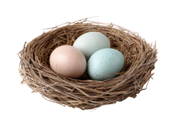 Three speckled pastel colored eggs nestled in a woven straw bird nest image, Png, Isolated on Transparent Background, Cut Out