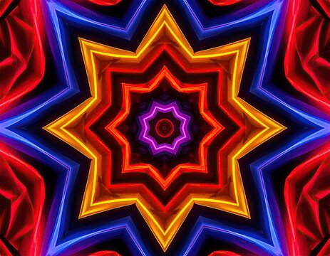 Colorful, symmetrical starburst pattern with vibrant neon glow - Powered by Adobe