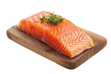 Fresh salmon fillet with parsley garnish on wooden cutting board isolated on black fish, Png, Isolated on Transparent Background, Cut Out