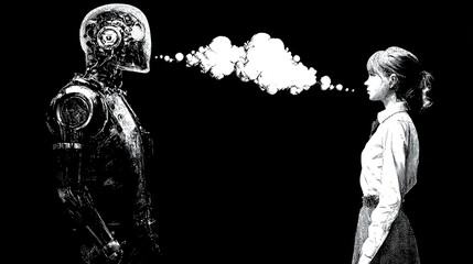 A human and an AI silhouette share a single glowing thought bubble, symbolizing collaboration, merged creativity, and the convergence of human intuition with machine intelligence.
