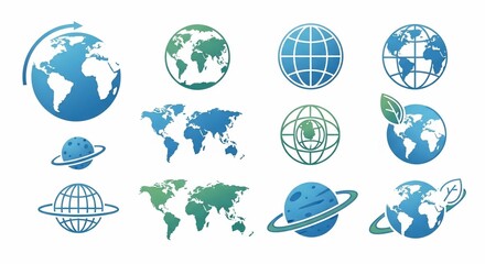 A collection of blue and green globe and world map icons, symbolizing global connection and environmental care.