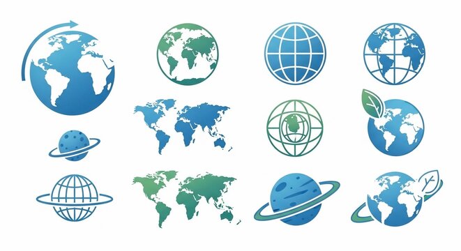 A collection of blue and green globe and world map icons, symbolizing global connection and environmental care.