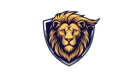 Obraz premium A powerful and majestic golden lion's head, intricately designed as an emblem, symbolizing strength, courage, and leadership, set against a shield for impactful branding and striking visual identity