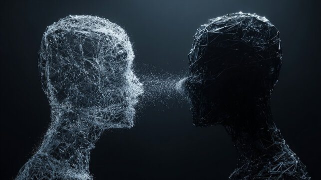 A human and an AI silhouette share a single glowing thought bubble, symbolizing collaboration, merged creativity, and the convergence of human intuition with machine intelligence.

