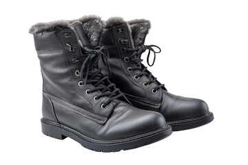 Black leather fur lined winter boots with laces on black background footwear, Png, Isolated on Transparent Background, Cut Out