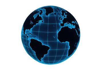 Fototapeta premium Blue glowing global network grid with digital earth hologram displaying continents, interconnected communication data