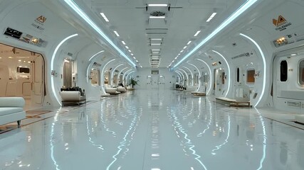 Futuristic interior of a sleek, modern space station