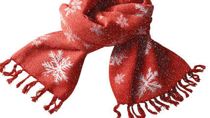  Red scarf with white snowflake design isolated on white background for winter fashion, cozy clothing, and seasonal photography