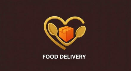 Elegant food delivery logo featuring golden spoons forming a heart around a box