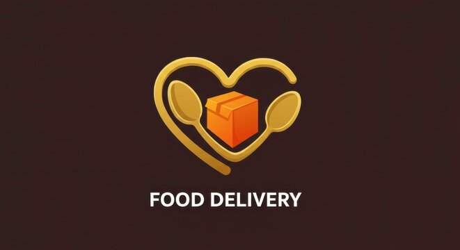 Elegant food delivery logo featuring golden spoons forming a heart around a box