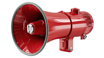  Red megaphone isolated on white background for announcements, events, communication, protests, and public speaking photography