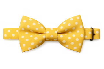 Yellow bow tie with white polka dots for weddings, parties, or stylish events, cut out on a transparent background