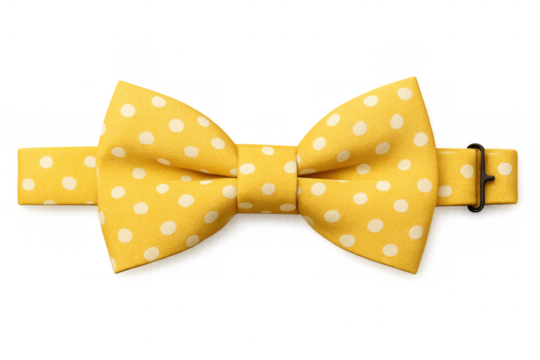 Yellow bow tie with white polka dots for weddings, parties, or stylish events, cut out on a transparent background