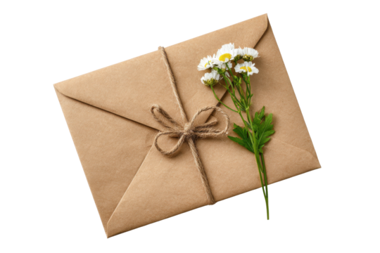 Brown kraft paper envelope tied with twine and decorated with white daisies image, Png, Isolated on Transparent Background, Cut Out