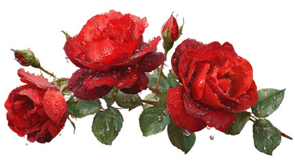  Red roses with water droplets glistening on petals isolated on white background for floral photography and nature-inspired decoration