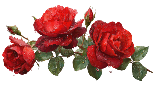  Red roses with water droplets glistening on petals isolated on white background for floral photography and nature-inspired decoration