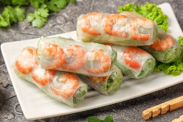 Vietnamese spring roll or Lumpia Vietnam, is a typical Vietnamese dish in the form of a thin roll of rice paper filled with various fresh ingredients such as vegetables, spices, and also meat or shrim