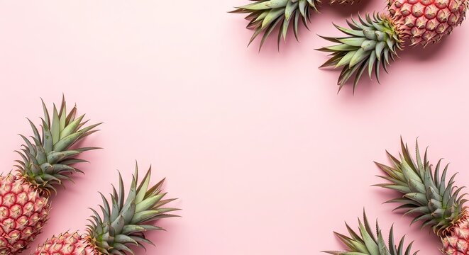 A vibrant pink background adorned with a delightful arrangement of fresh pineapples