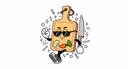 Cool cutting board character with sunglasses and knife ready to chop vegetables.