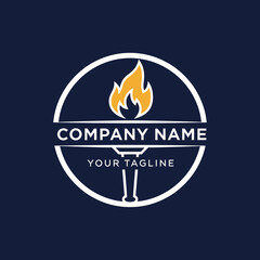 A circular logo featuring a stylized torch with a flame at the top and the text 