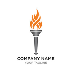 Modern torch logo with a stylized orange flame and metallic grey handle, isolated on a white background.