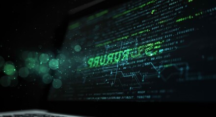 Futuristic technology display with code and circuit patterns emanating from screen