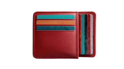 Red leather wallet opened showing credit cards neatly organized inside isolated on white background
