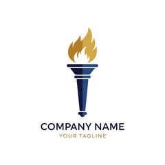 A blue torch with golden flames, designed as a logo with placeholder text for company name and tagline, on a white background.