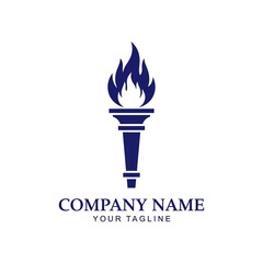 Stylized dark blue torch logo with flame and placeholder text for company name and tagline on a white background.