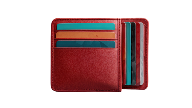 Red leather wallet opened showing credit cards neatly organized inside isolated on white background
