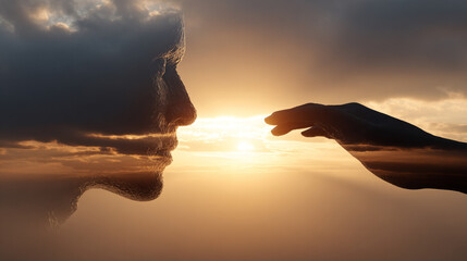 Two human forms share a gentle luminous connection, symbolizing empathy, emotional resonance, and the unseen bonds that unite people through understanding, compassion, and shared presence.
