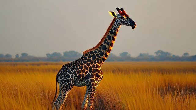 Majestic giraffe stands tall in a sunlit savannah, its patterned coat contrasting with the golden grass
