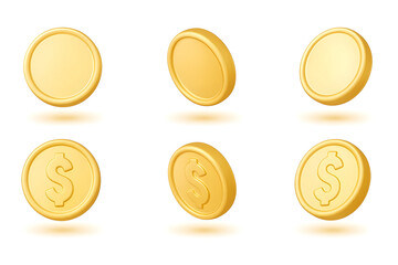 3D Golden Coins Set in Various Positions Isolated on White Background &ndash; Realistic Vector Illustration