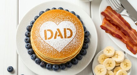 Delicious Father's Day Breakfast Featuring Pancakes with 'Dad' Stenciled Heart and Bacon