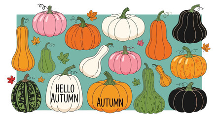 Autumn Harvest A Colorful Collection of Pumpkins and Gourds, Seasonal Festive Illustration