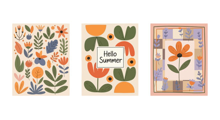 Three floral-themed greeting cards or invitations featuring a diverse collection of decorative botanical elements and designs