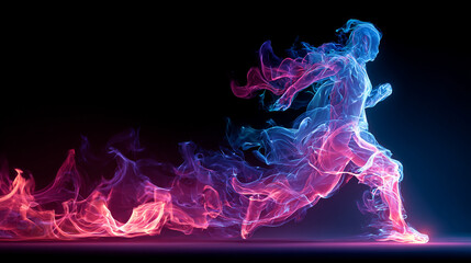 A human figure slowly dissolves into swirling neon smoke, symbolizing transformation, identity shift, fading boundaries, and the fusion of physical presence with vibrant ethereal energy.
