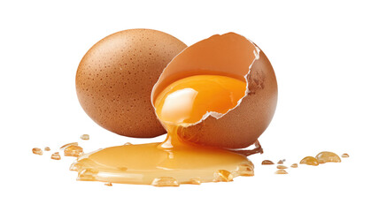 Broken egg with bright yellow yolk spilling out showing fresh texture and raw ingredient isolated on white background