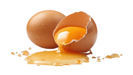 Broken egg with bright yellow yolk spilling out showing fresh texture and raw ingredient isolated on white background