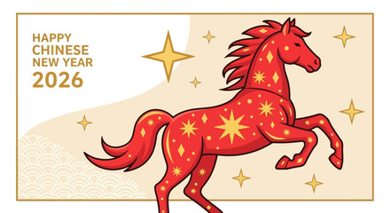 Chinese New Year 2026 Festive Horse Illustration with Stars on a Warm, Celebratory Background