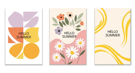 Collection of 'Hello Summer' themed vector illustrations featuring geometric shapes, flowers, and abstract designs